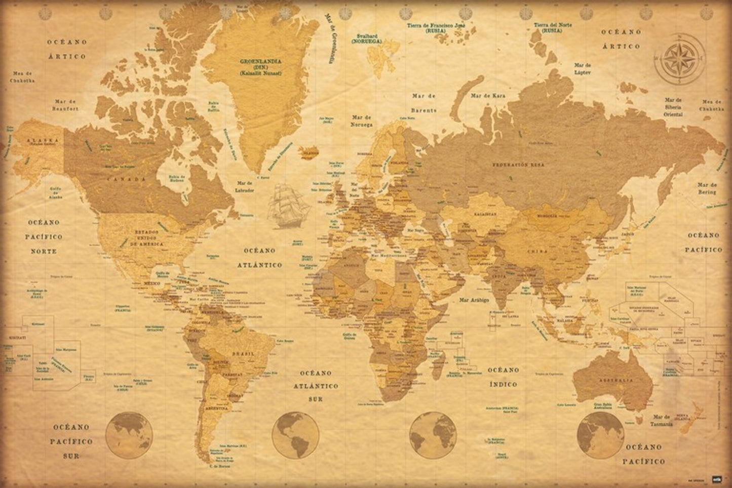 Poster Map World Vintage - Spaans - 91,5x61cm