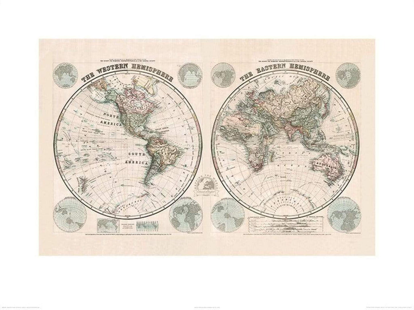 Kunstdruk Stanfords - Eastern and Western Hemispheres Map 1877 60x80cm