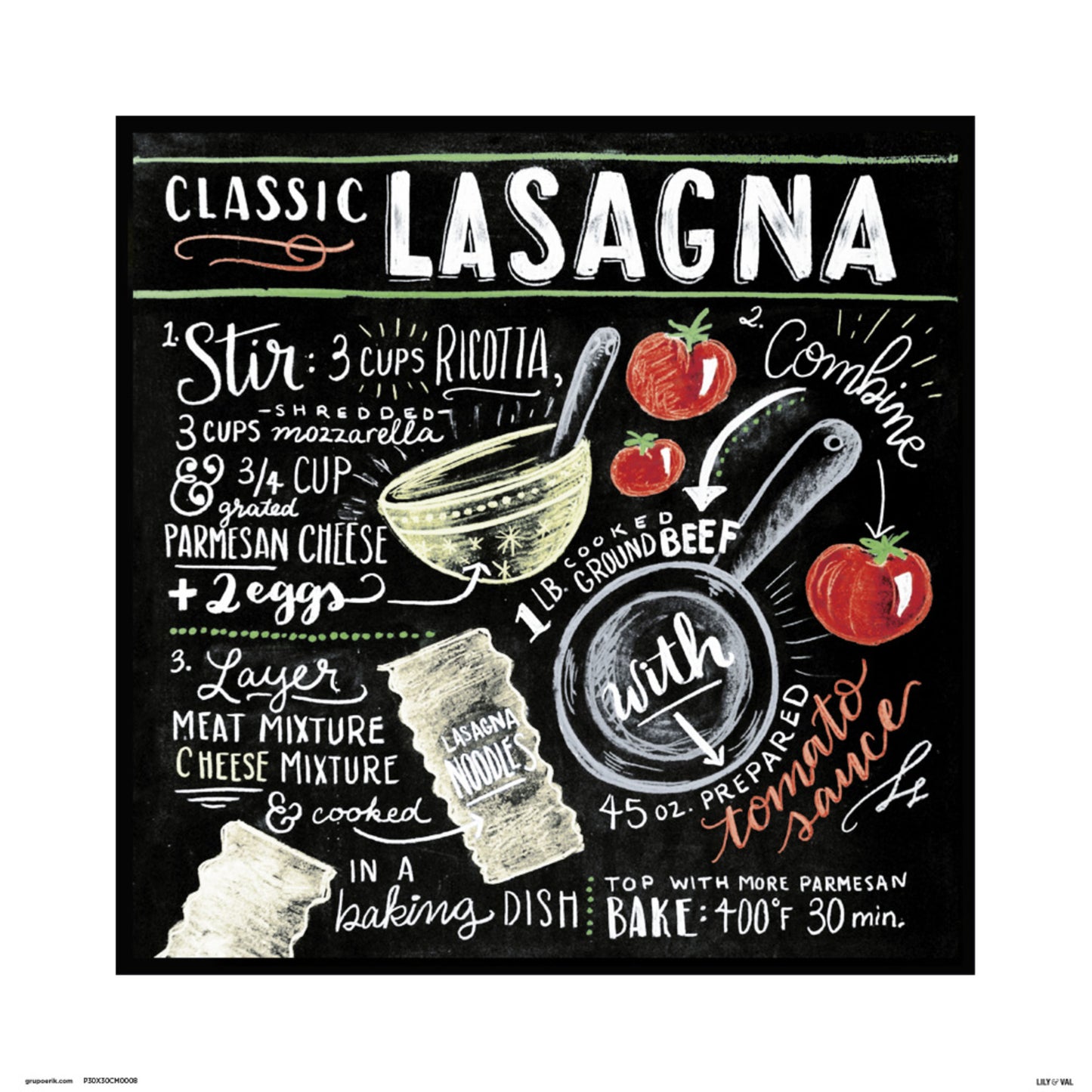 Kunstdruk Lily and Val - Classic Lasagna 30x30cm