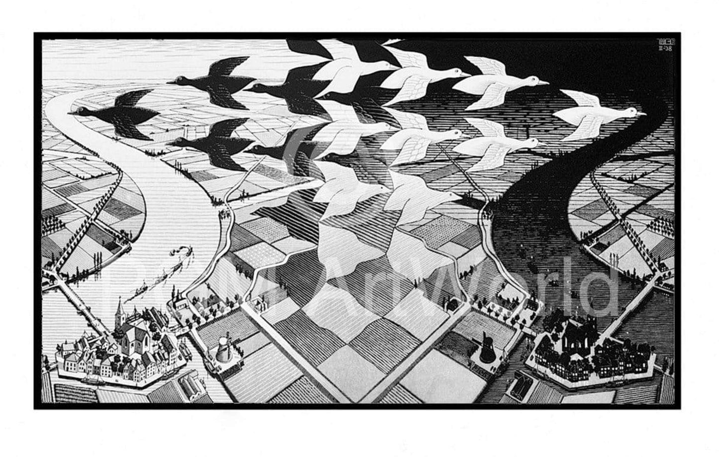 Kunstdruk M. C. Escher - Tag und Nacht 86x55cm