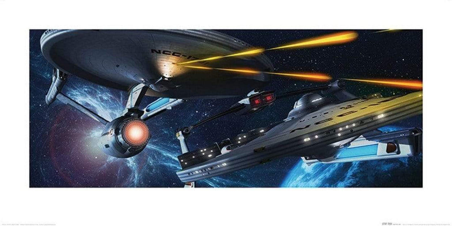 Kunstdruk Star Trek - Enterprise vs Reliant 100x50cm
