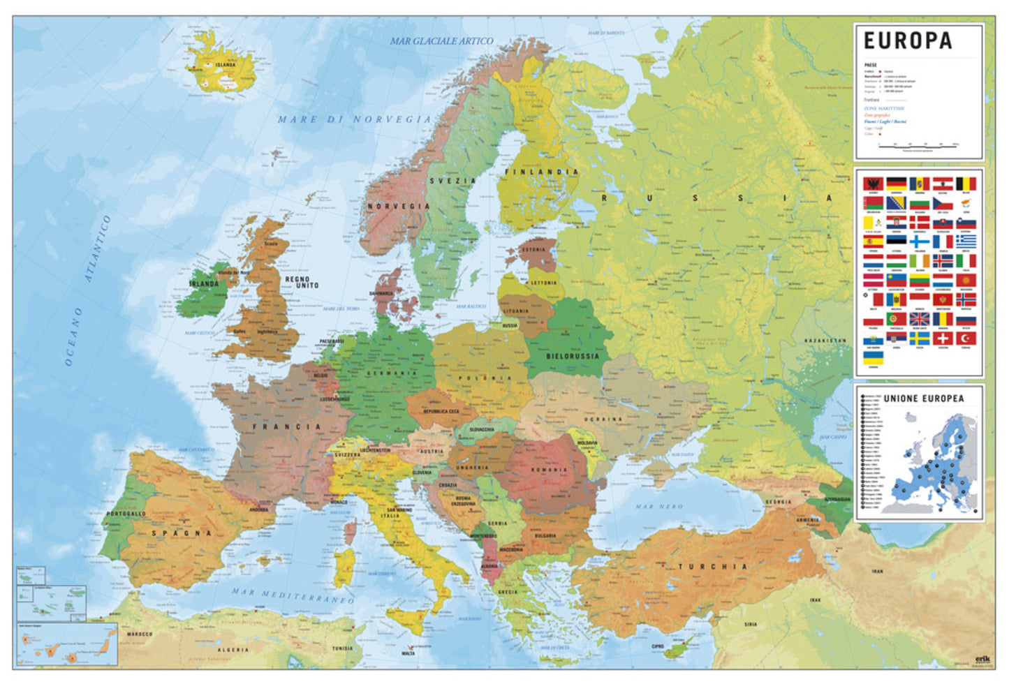 Poster Map of Europe - Physical Politic - Italiaans - 91,5x61cm