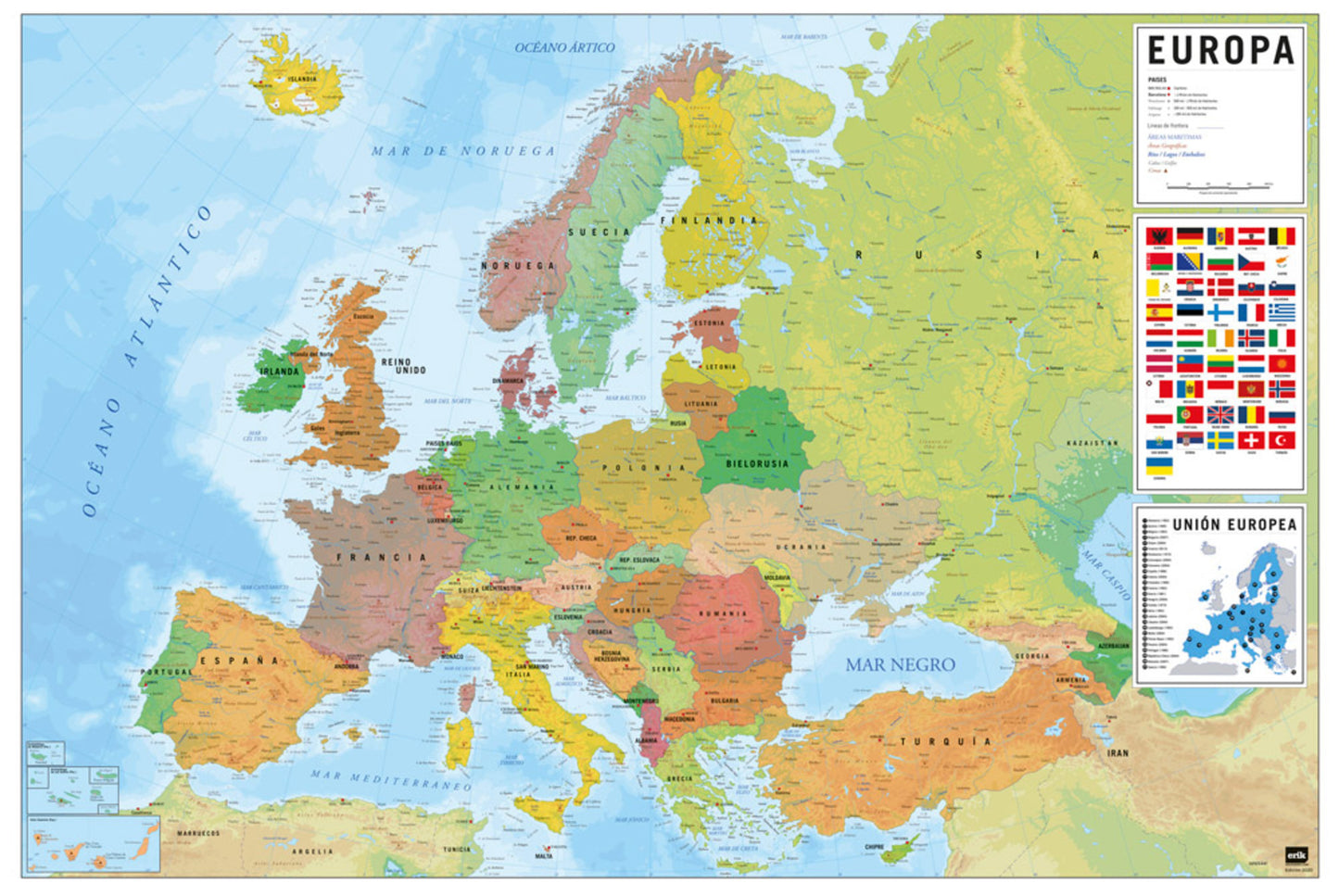 Poster Map of Europe - Physical Politic - Spaans - 91,5x61cm