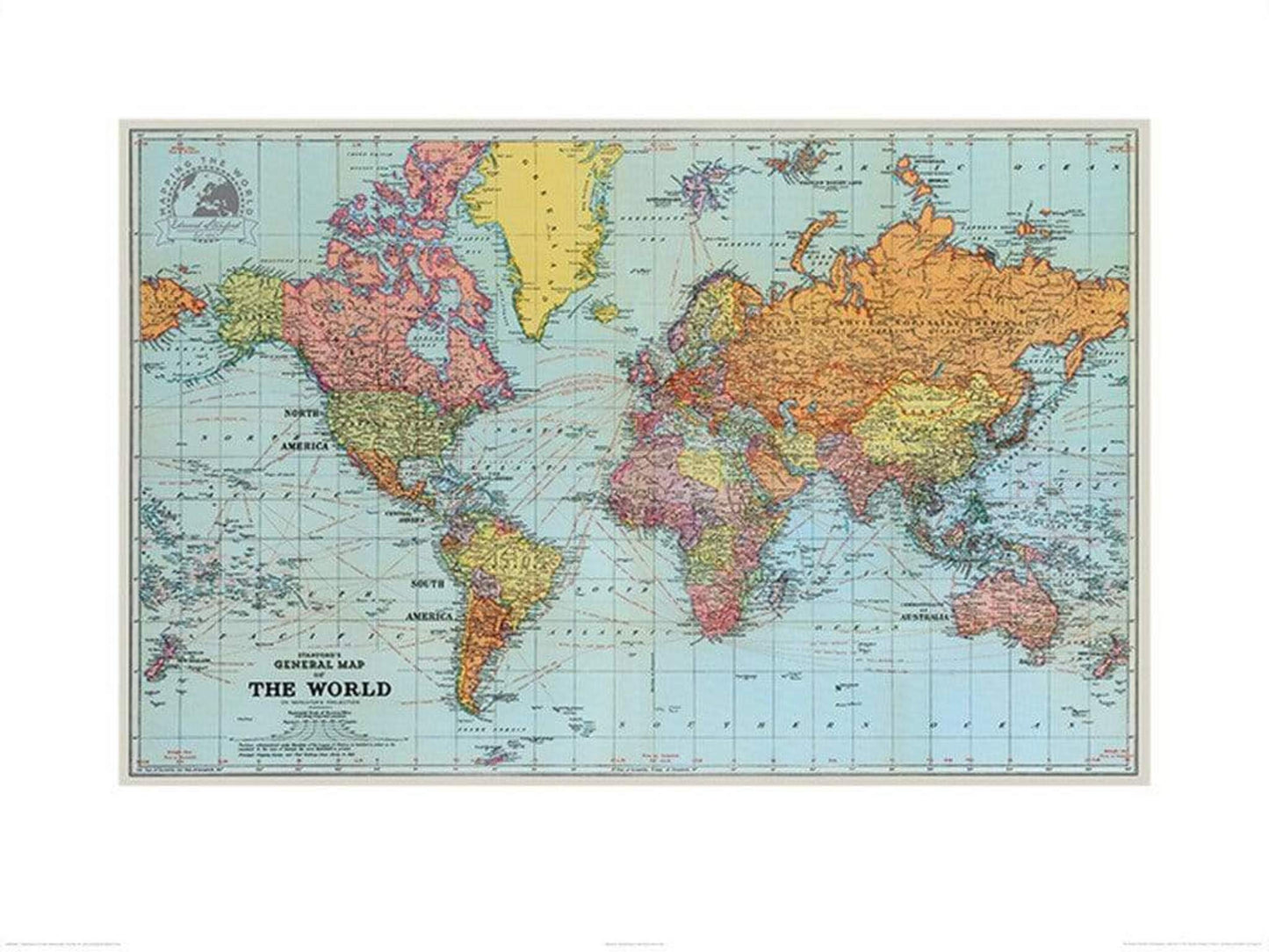 Kunstdruk Stanfords - General Map of the World 1920 60x80cm