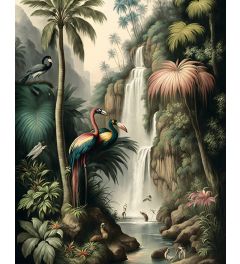 Waterfall with Tropical Birds Art Print 40x50cm